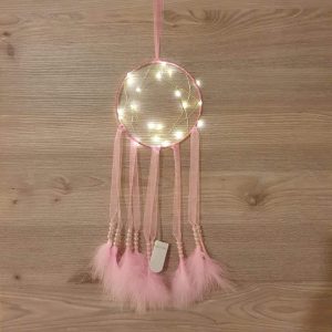 Caça sonhos rosa led penas