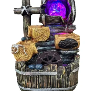 Fonte Decorativa Rústica com Roda d’Água e Iluminação LED – Um Toque de Natureza e Tranquilidade