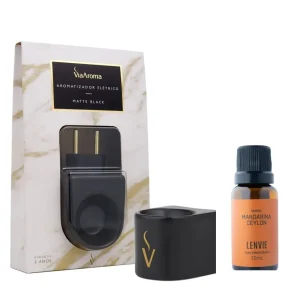 Difusor Elétrico Matte Black Via Aroma + Óleo Concentrado Mandarina 20ml Lenvie
