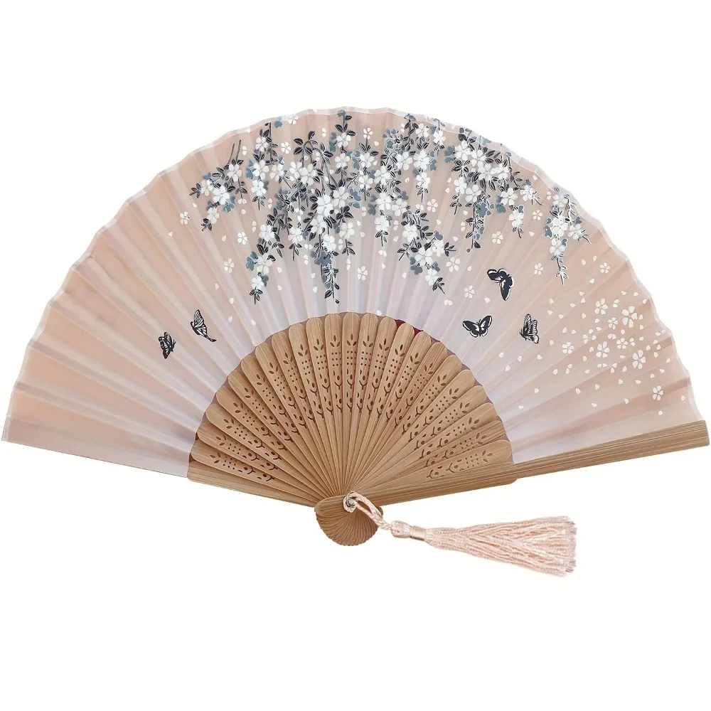 Leque de Mão Dobrável com Borla Estilo Oriental – Leque de Bambu (22 Hastes) e Tecido - Image 2