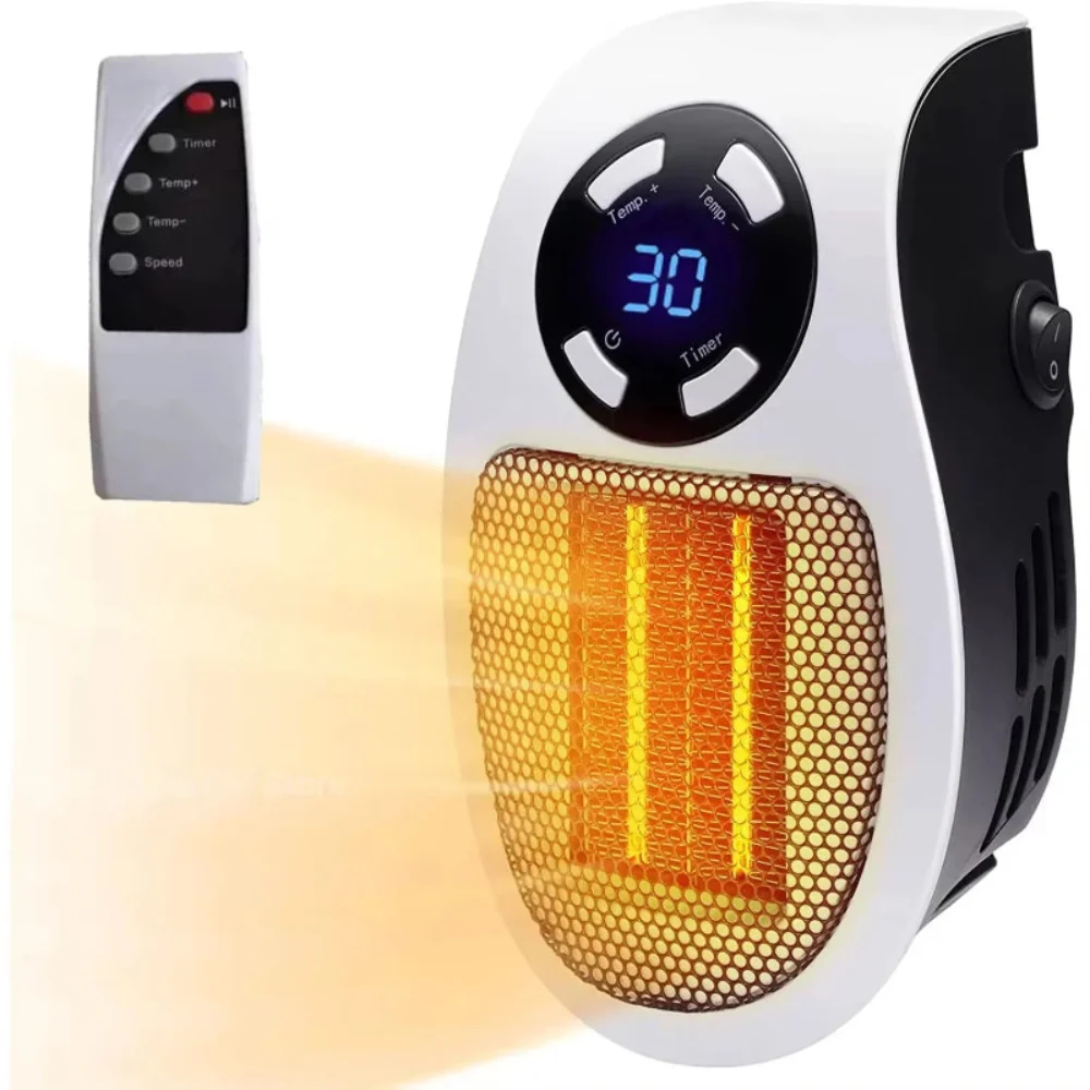 Aquecedor Elétrico Portátil 500W - Tomada Parede, Termostato, Controlo Remoto, Temporizador