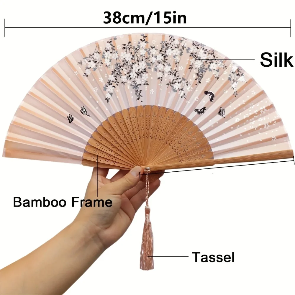 Leque de Mão Dobrável com Borla Estilo Oriental – Leque de Bambu (22 Hastes) e Tecido - Image 4