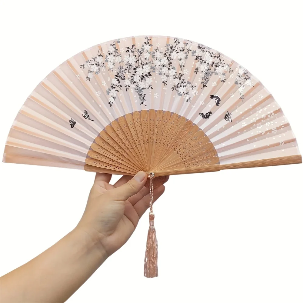 Leque de Mão Dobrável com Borla Estilo Oriental – Leque de Bambu (22 Hastes) e Tecido - Image 3